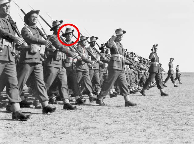 Roy Francis Yeomans was present during this parade of the 9th Division 20th Brigade at Gaza Airport on January 26, 1943. His relatives suspect he's the man circled above, but this has not yet been proven. Picture supplied by Gloria Yeomans 