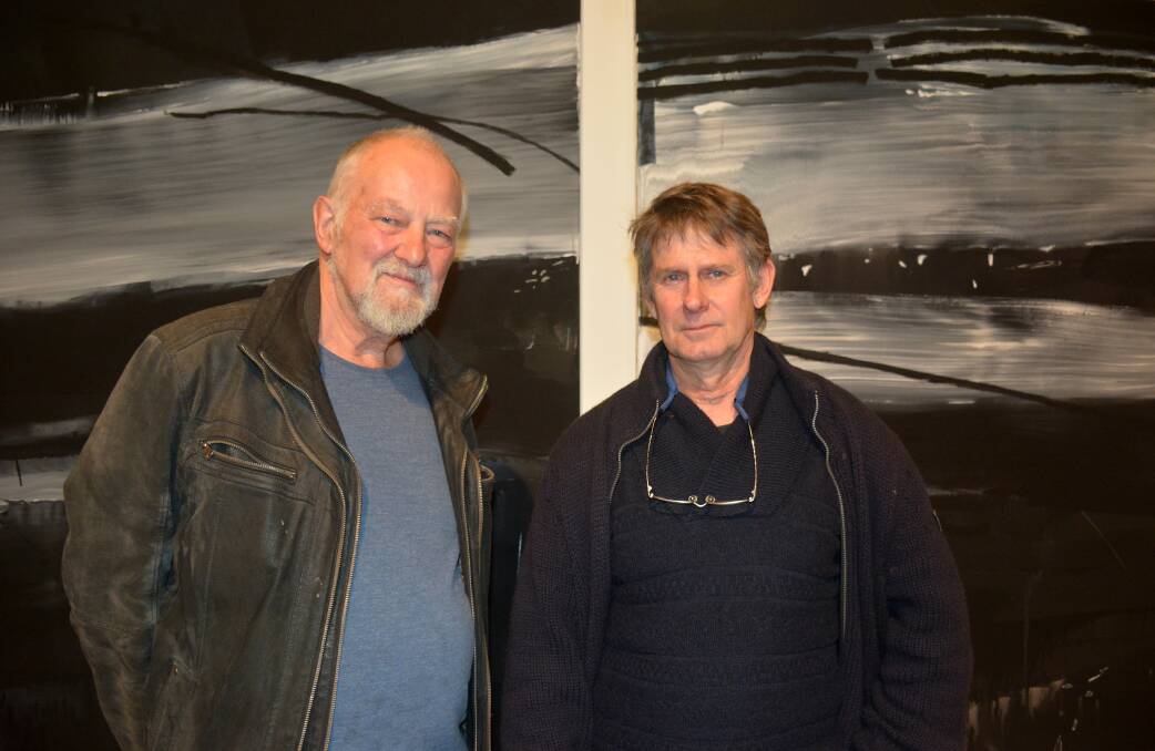 ARTWORK: Landmarks Curator Anthony Bond OAM with Walcha based artist Angus Nivison who has work in the Landmarks exhibition, currently displayed in Tamworth.