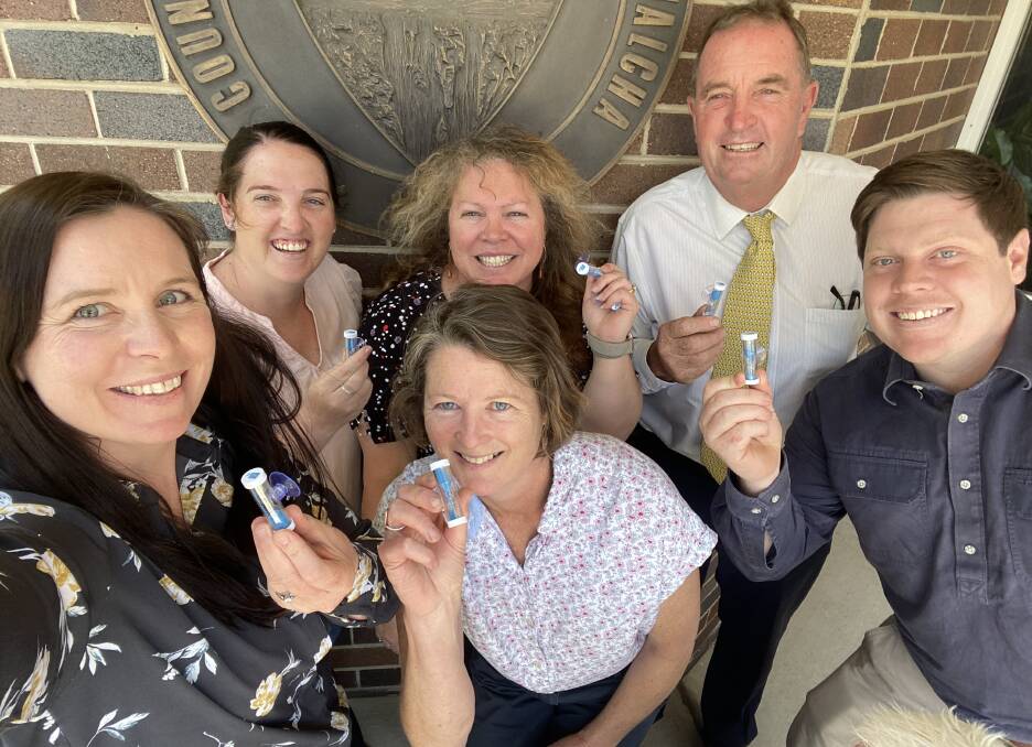 Walcha Council staff with the shower timers General Manager Anne Modderno, Tess Dawson, Dylan Reeves, Back Charlotte Lyon, Liz Hobbs and Mayor Eric Noakes