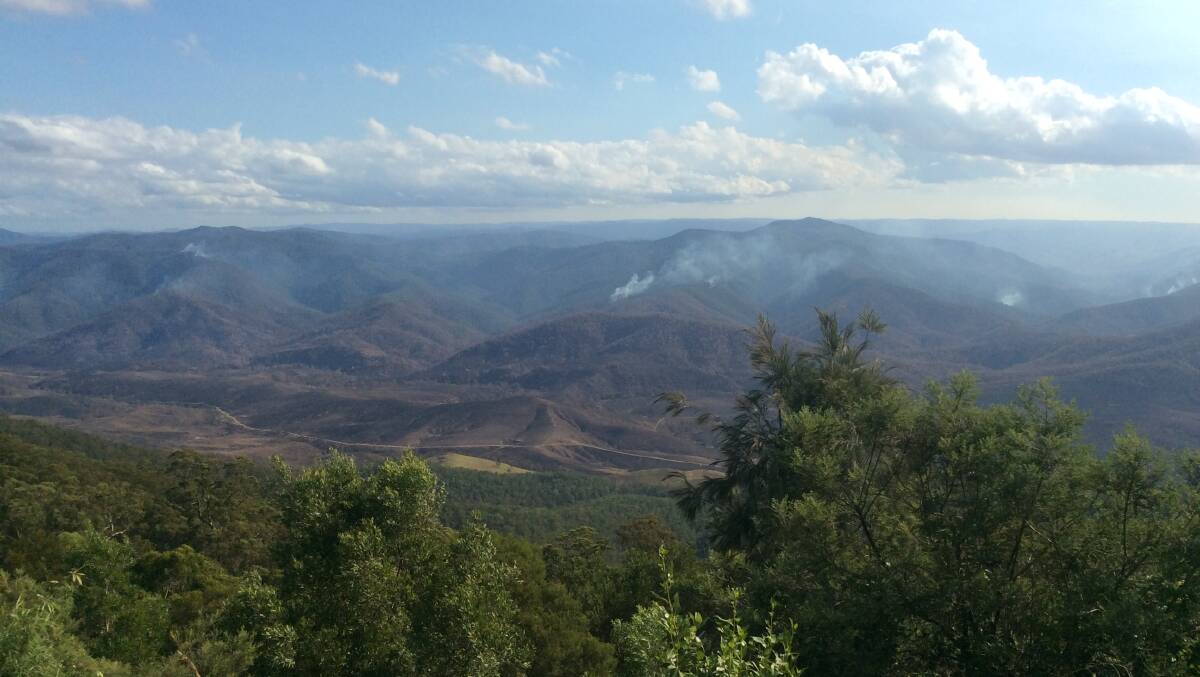 View from Carson's Lookout on Thunderbolts Way of Woko National Park, burning on Tuesday evening.  