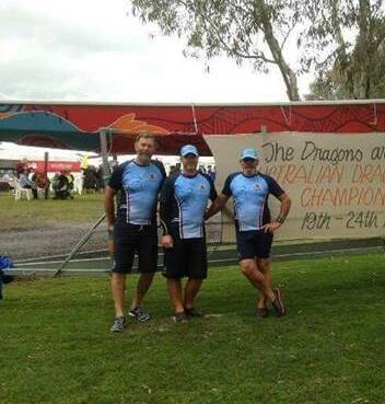 Jon Bennett with Armidale Dam Dragons Dragonboat Club team mates Graham Reeves and Brian Barratt