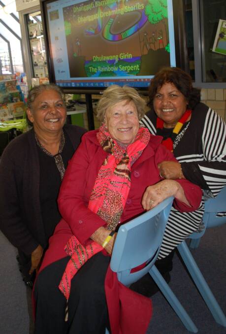 Dreamtimers: Caroline Bradshaw and Hope Strudwick with Aunty Esther Quinlin. The trio conducted four storytime sessions explaining how local landforms were made.