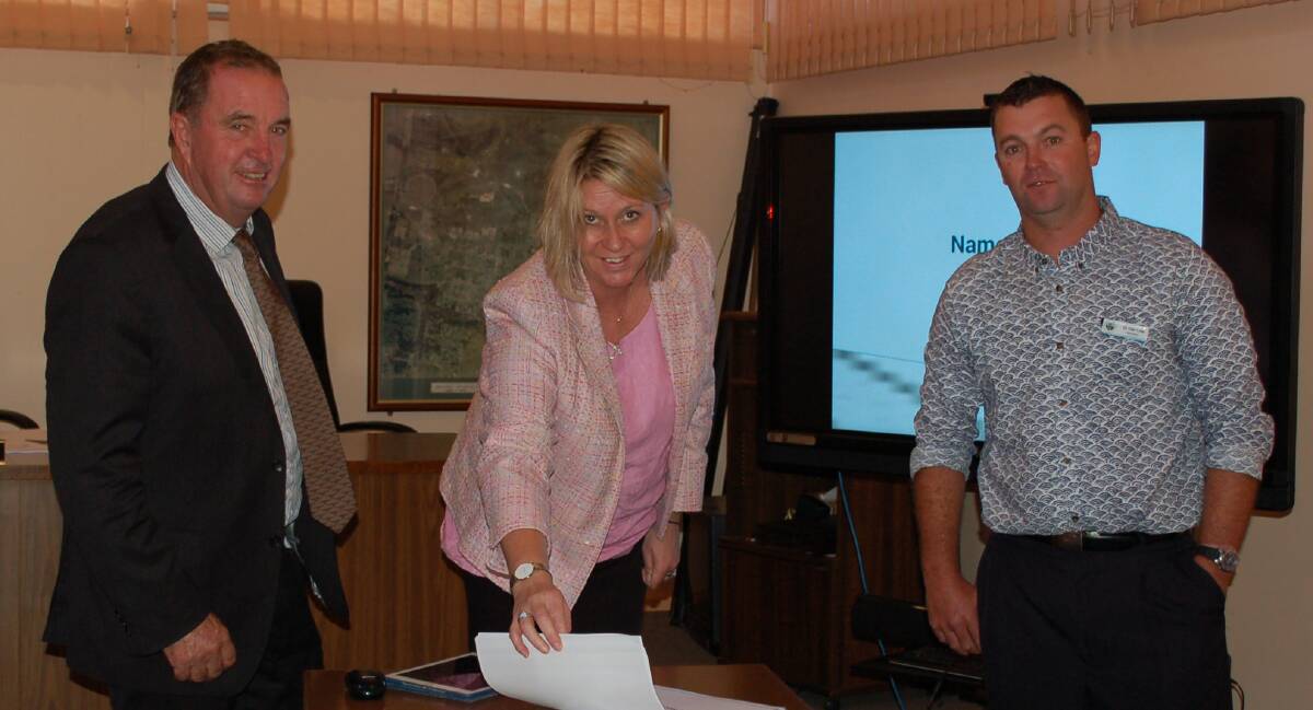 Walcha Mayor Eric Noakes and Deputy Mayor Clint Lyon with Namoi Councils Joint Organisation Executive Officer Rebel Thomson in the Walcha Council Chambers last month.