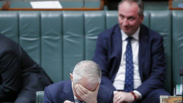 Deputy Prime Minister Barnaby Joyce and Prime Minister Malcolm Turnbull during question time on Monday. Photo: Alex Ellinghausen