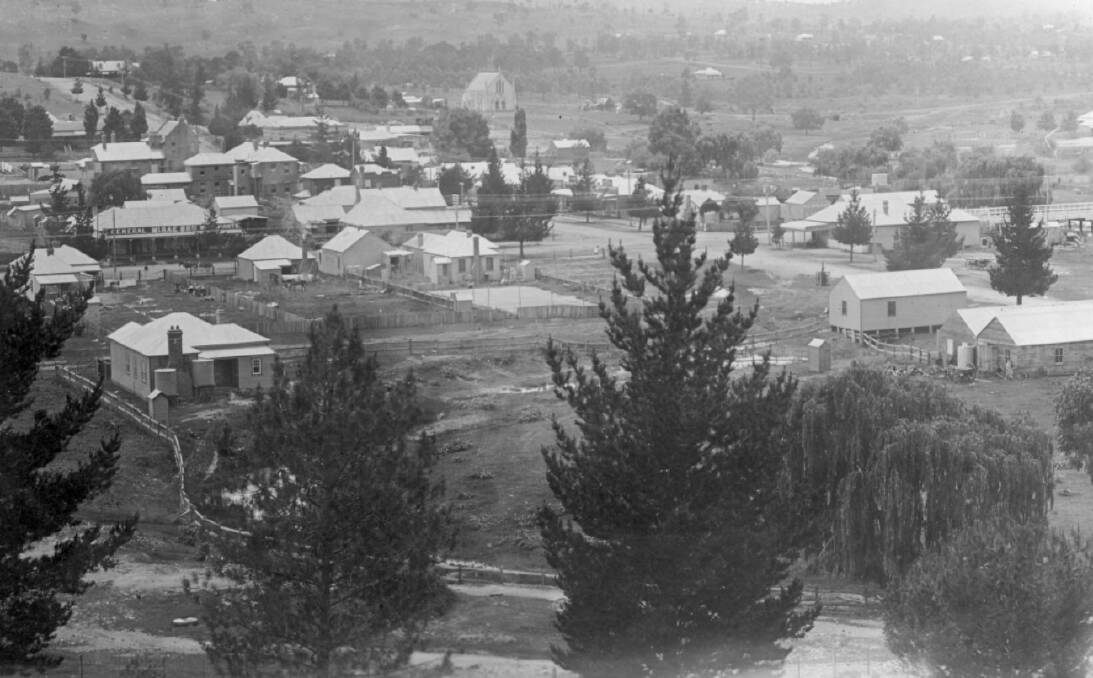 Looking back: This view of Walcha from 1913 shows part of the original semi-circular course of the Apsley River on the western side of Derby Street. The intersection of Fitzroy and Derby streets is partly obscured by the tall pine tree.