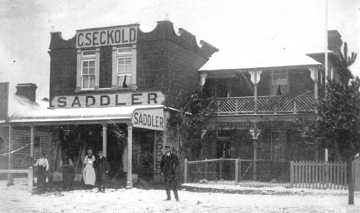Snowy scene: The Walcha Saddlery in snowy weather in 1908. It replaced Seckold’s earlier saddlery which was located on the eastern side of Derby Street.