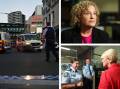 From left, the scene of the Bondi stabbings on April 13, PoliceLink Tuggerah team leader Claire Isaac, and police minister Yasmin Catley speaks with Senior Sergeant Rebecca Scott and Sergeant Warren King. Pictures by AAP, Simone de Peak