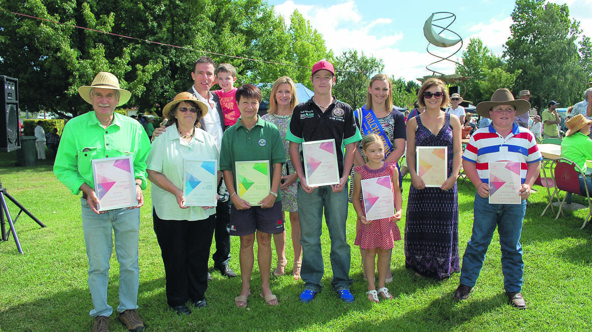 Mrs McIvor is pictured above (second from left) with Bob Burnell from the Walcha Musical Society, ambassador Warwick Nowland and his son Aston, Anne Martin, Janelle Archdale, Tyson Smith, Walcha Showgirl Jodie Martin, Ali Nivison, Bec Hoy, and Nick Colwell.