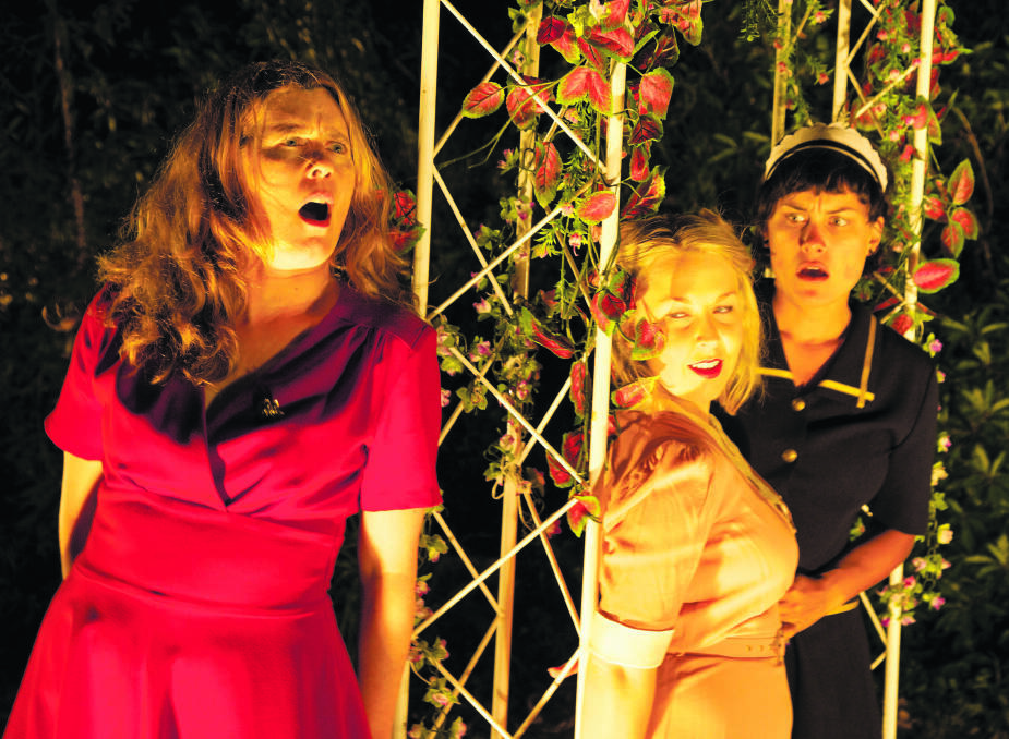 Shakespeare on the Green’s Cat Martin as Beatrice, Alana Kaye as Hero and Hayley Schuman-Mitchell as Margaret during a dress rehearsal of Much Ado About Nothing. Photo: James Kearney