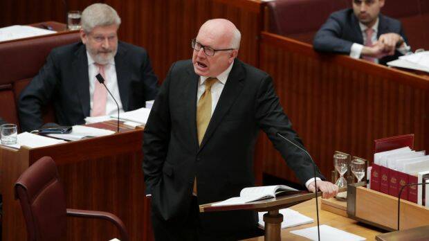 Attorney-General Senator George Brandis repudiates Senator Pauline Hanson for wearing burqa during question time at Parliament House in Canberra. Photo: Andrew Meares
