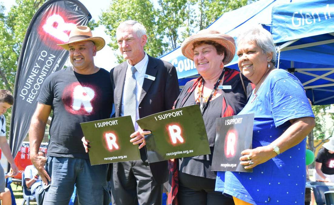 Recognise campaigners arrived in Glen Innes this week, with Mark Yettica-Paulson (left) and Jackie Huggins (right) meeting with Mayor Colin Price and community services manager Janine Johnson at a community event in King George Oval on Tuesday.