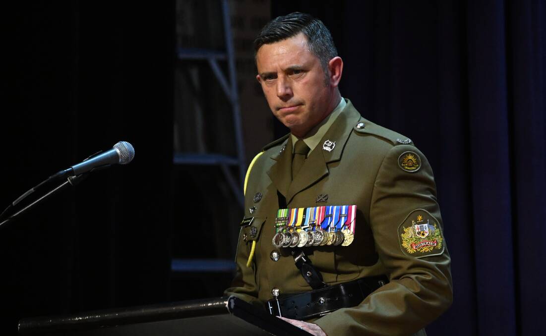 Regimental Sergeant Major of 12/16 Hunter River Lancers Warrant Officer Class One (WO1) Grant McDowell at the Tamworth Town Hall on Anzac Day 2024. Picture by Gareth Gardner