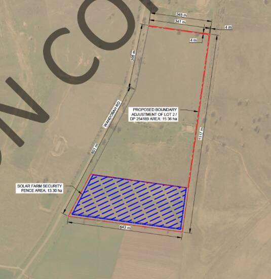 Map shows the proposed secondary solar farm on a subdivided property located at 781 Wandobah Road. Picture supplied.