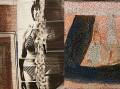 Heather Dorrough, Self Portrait No 6 (Buzzflies) 1982 textile, dye, photographic silk screen printing, machine embroidery, 212 x 54 cm, right: Kate Dorrough, The Enduring Echo 2019 stoneware ceramic with glaze, 36 x 49 x 20 cm. Picture by Jenni Carter
