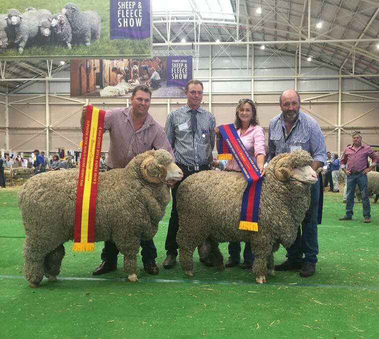 On the judging mat: Joe van Eyk Shalimar Park Merinos with the reserve, judge Aaron Granger, Jane & Peter Lette Conrayn Merinos with the champion that won supreme. 