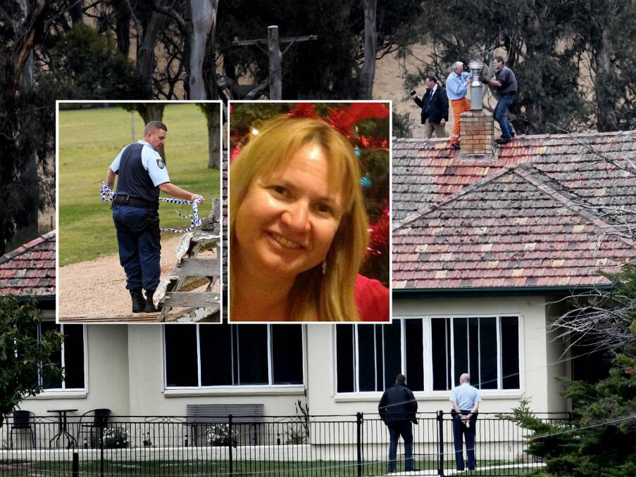 No bail: Natasha Beth Darcy-Crossman, 42, inset, is charged with murdering Mathew Dunbar on August 2, at Walcha. Police are pictured searching the property in November following her arrest. Photos: Gareth Gardner, supplied