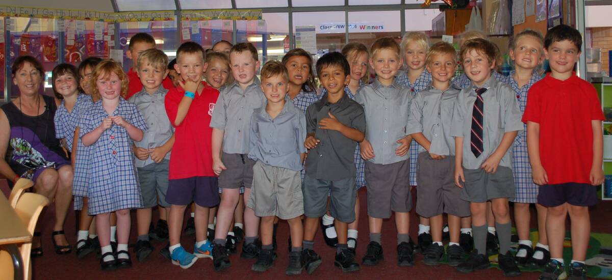 Everybody say cheese: Walcha Central School kindergarten teacher Mrs Rogers with her class for 2017.  Photo: Vanessa Arundale