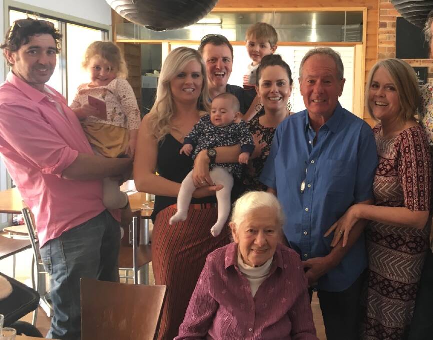 STOP THE PRESS: Gladys Relf (seated) celebrating with her son Brian, daughter in-law Shelley , and grand-daughters Emma Goodwin and Sarah  Rose; Nathan and Remi Goodwin; Tom, Scarlett and Elkie Rose at the Commercial Hotel on Sunday.