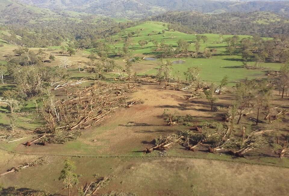 Helicopter view on Friday of storm damage on a property near Walcha