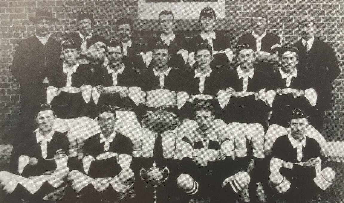 The Walcha Apsley Football Team in 1910 - J.White, N.Herbert, J.Love, W.Kilpatrick, C.Mullane, T.Case, S.Macdonald, J.Steel, W.Montgomery, C.Love, F.Bowden, P.Sweeney, W.stanton, M.McCormack, C.Goman and W.Lisle.