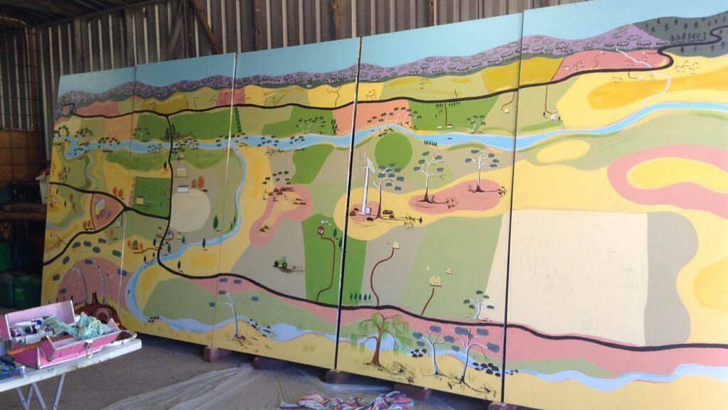 A section of the Nowendoc mural in the shed where it was painted by Belinda Laurie