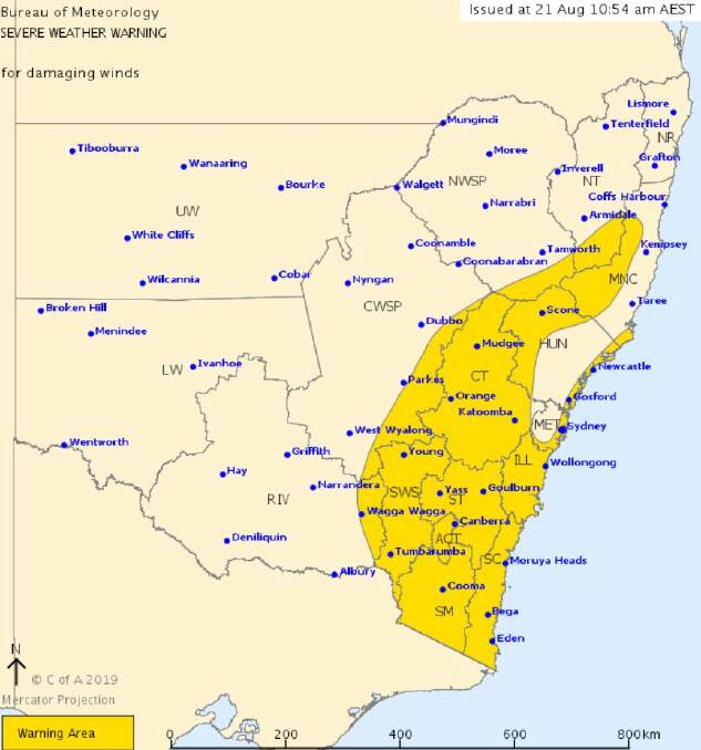 The North West, Northern Tablelands and Hunter regions are all expected to get hit by damaging winds.
