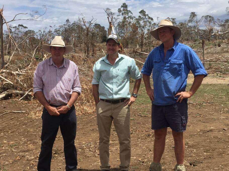 INSPECTING THE DAMAGE: Walcha mayor Eric Noakes with Tamworth MP Kevin Anderson and landholder Angus Kirton at Mr Kirton's property yesterday.
