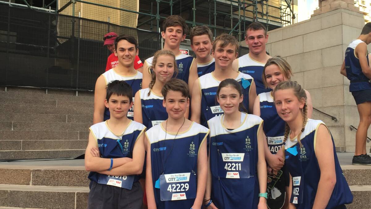 Walcha district students who took part in Sydney’s City to Surf footrace as part of The Armidale School’s record team included: (back row) Jack Nivison, Joe Kermode, Eugene Campbell, Ben Burwell, (middle) Caitlin Harrison, Ben Fogarty, Phebe Hunt, (front) Frederick Muller, Lachlan Hunt, Eliza Crawford and Holly Crawford.