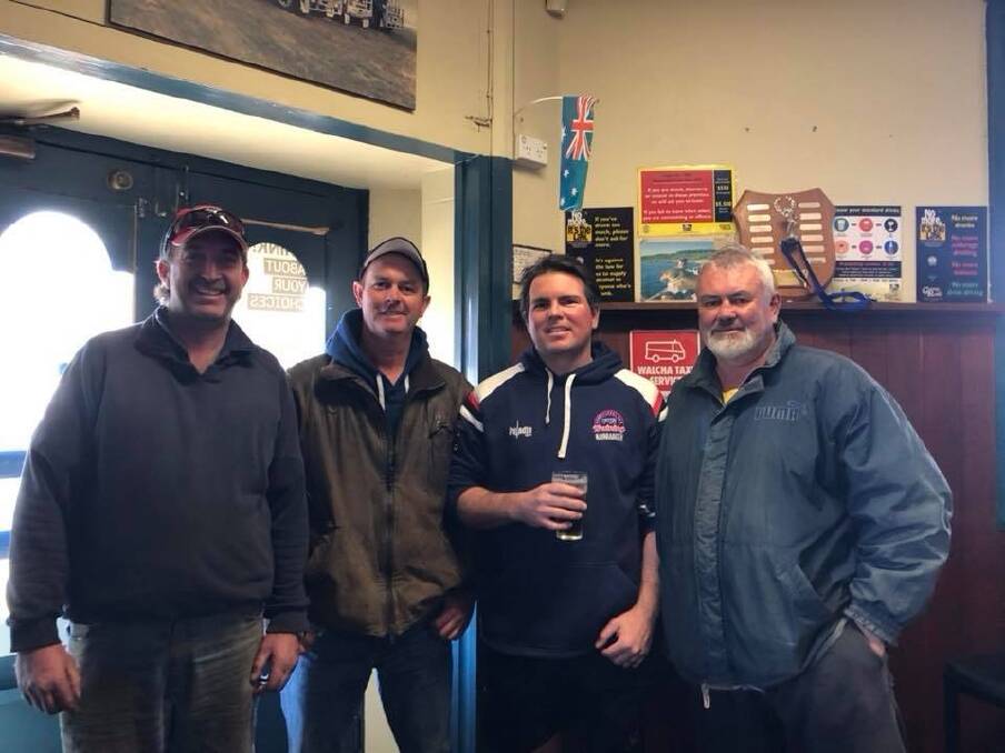 Walcha visit: Roos president Michael Aspinall, co-coach Steve McAlister, Jamie Lyon and A. J. Cross.