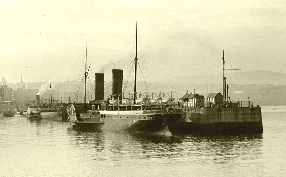 Off to war: The Isle of Man paddlewheel steamer Mona’s Queen tied up at the Port of Douglas before being put into troop transport service during World War I.