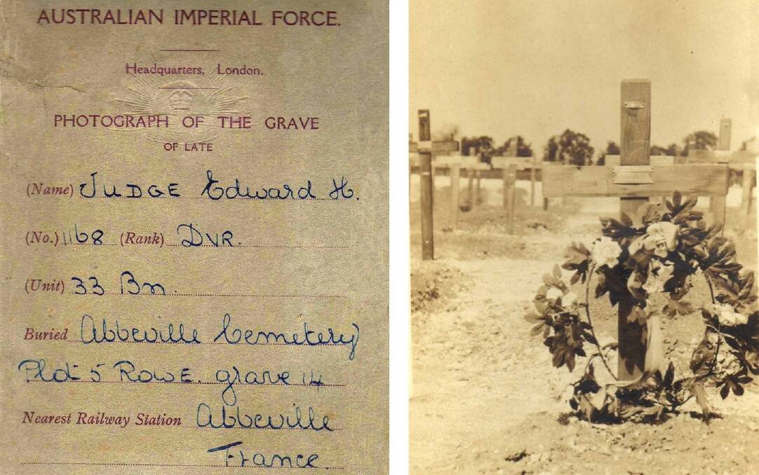 Piece of the past: The card gives the precise location of Edward Judge’s grave which is marked by the wreath. Photos: Lorraine Judge