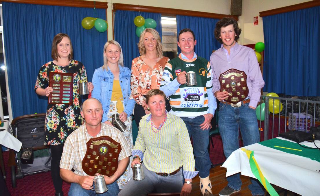 League prize winners: Ellen Dunger, Rachel Green, Lucy Withers, Harry King, Alex Bruce and (front) Andrew Kelly and Robyn Broadbent with the trophies.