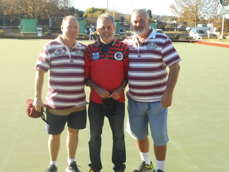 A rare sight: Bears and Sea Eagles together - Gerry Moran (centre) with Deon Lawrence and A. J. Cross at bowls last Saturday.