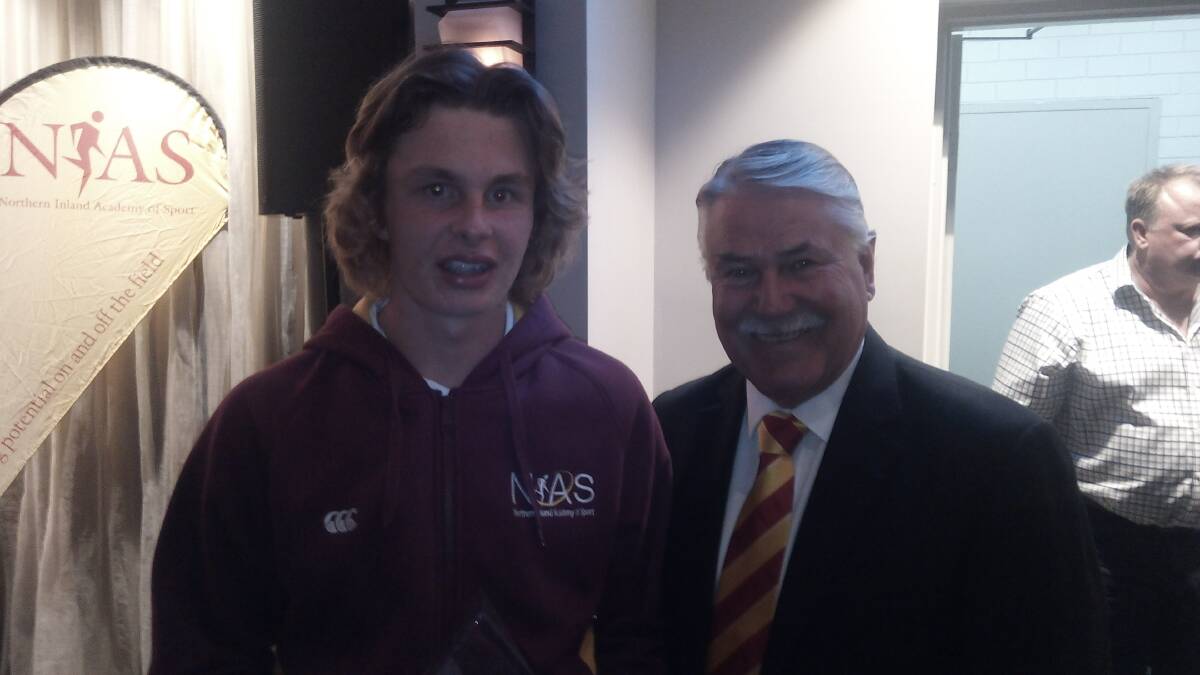 NIAS AFL athlete of the year Morgan Dunn with master of ceremonies Mike Rabbitt from the awards night. 