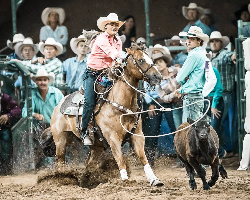 Big finals performance: Tamworth's Anna Crisp, here riding Chex Are All I Know, roped her way to not only the 2019 breakaway roping national title but the allround cowgirl honours as well. Photo: Stephen Mowbray