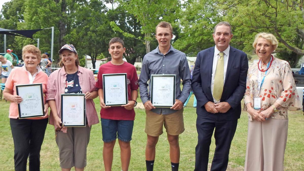 2018 Walcha Australia Day Award recipients Betty Sweeney, Margaret Wellings, Thomas Micallef and Morgan Dunn with Mayor Eric Noakes and Dr Yvonne McMaster. Photo: Taina Hall