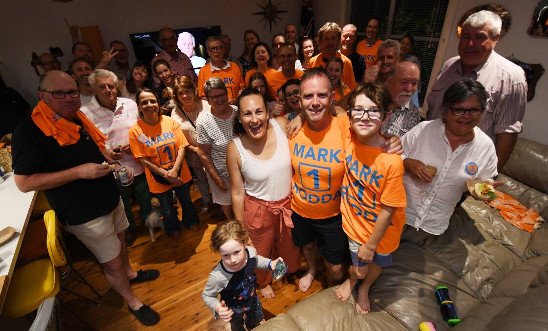 IN COLOUR: Independent candidate Mark Rodda with family and supporters after conceding defeat early in the night. Photo: Gareth Gardner 230319GGC06