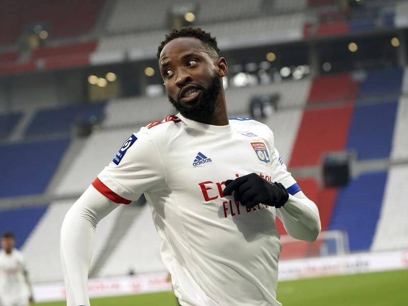 Lyon's Moussa Dembele after scoring the third goal in Lyon's 3-0 win over Reims in Ligue 1.