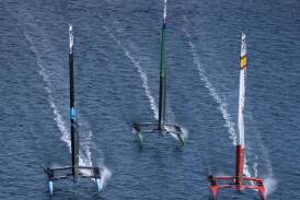 Spain (right) sail ahead of New Zealand (left) and Australia in the Bermuda Sail Grand Prix final. (AP PHOTO)
