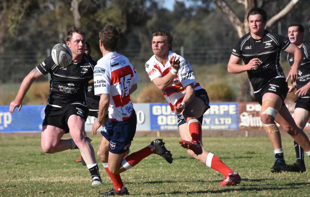 on the move: Walcha's Pat Keen unleashes his backline, firing a pass to Harry Locke in Walcha's victory over the Moree Bulls on the weekend. Photo Sophie Harris